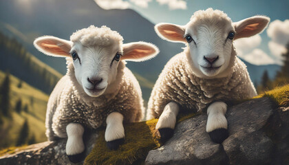Two lambs, young sheep in nature  .ai generated