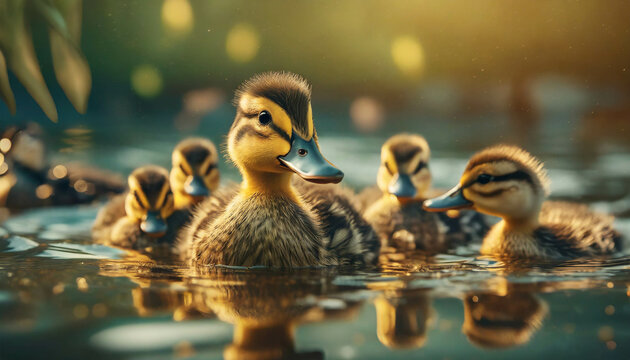  Duck family and ducklings swimming on lake .ai generated