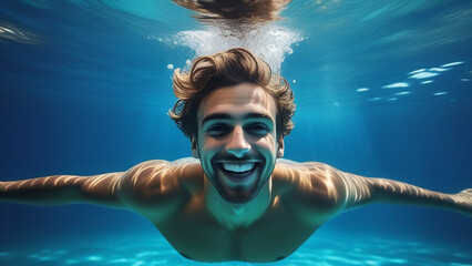 Fototapeta premium A man swims happy underwater in the pool.