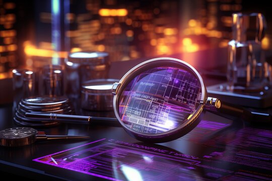 Optimizing website data. seo analysis, magnifier, charts, graphs, ultraviolet, and neon screen.