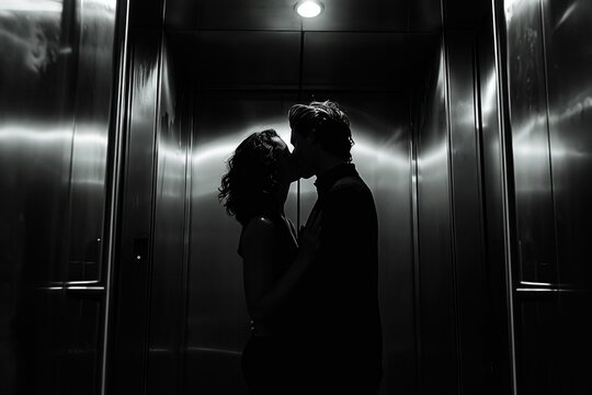 a man and woman kissing one another in an elevator, in the style of celebrity photography, blurred imagery