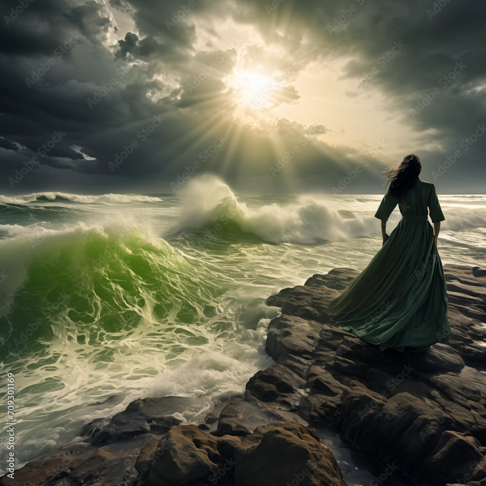 Wall mural woman standing on coast of storm sea