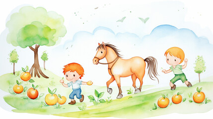 Obraz na płótnie Canvas Children and fruit and horses, Cartoon drawing, Water color style, AI Generated