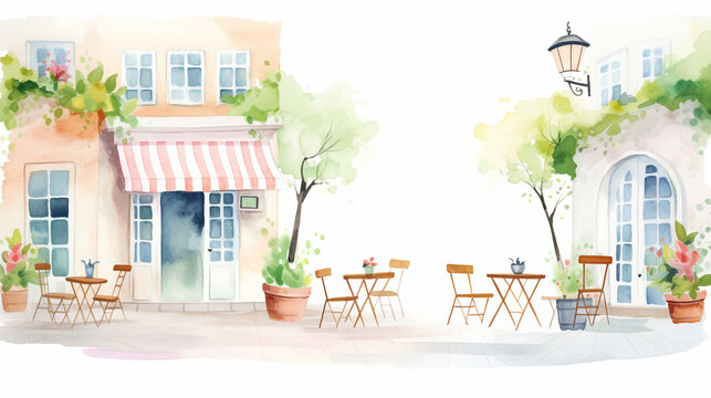 Cafes, Cartoon drawing, Water color style, AI Generated
