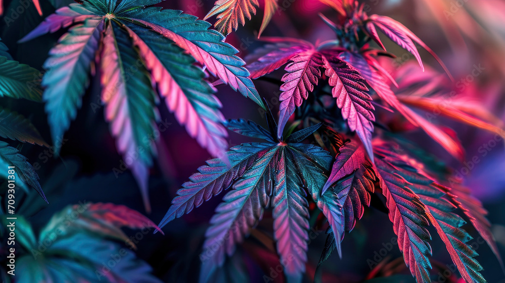 Wall mural neon marijuana leaves close-up leaves of flowering cannabis bushes on background