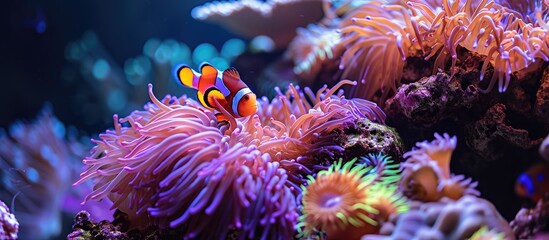 Obraz premium A lovely purple anemone on a coral reef holds a family of False Clownfish.