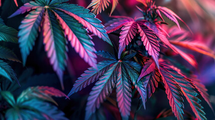 neon marijuana leaves close-up leaves of flowering cannabis bushes on background - obrazy, fototapety, plakaty