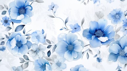 Leaves and blue flowers on a white background. Decor design for printing, wallpaper, textiles, interior design, packaging, invitations. Delicate floral texture.