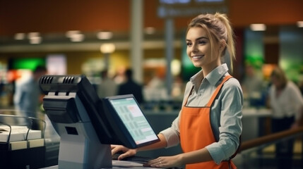 The cashier girl in the store at the checkout