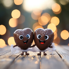 Obraz premium two heart-shaped chocolates walk down the street in an embrace. Valentine's Day. Love. happiness