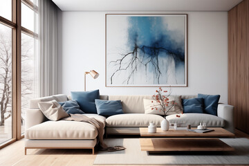 Interior desing of a living room with white, gray and blue tones, minimalist living room. Generative AI