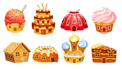 Fantasy candy houses. Sweet princess house, chocolate caramel dough buildings with candies, cartoon gingerbread biscuit castle delicious tea dessert, neoteric vector illustration