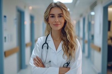 Female doctor standing in hospital corridor
