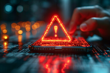 hacker attack maintenance concept and hacking cybercrime cyber security User is using smartphone with warning triangle for error notification - obrazy, fototapety, plakaty
