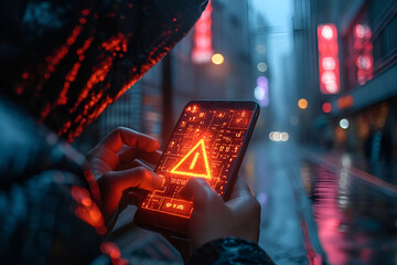hacker attack maintenance concept and hacking cybercrime cyber security User is using smartphone with warning triangle for error notification