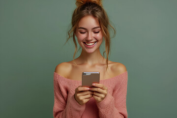 Fun young woman hold in hand use mobile cell phone doing winner gesture clenching fists isolated on green background studio