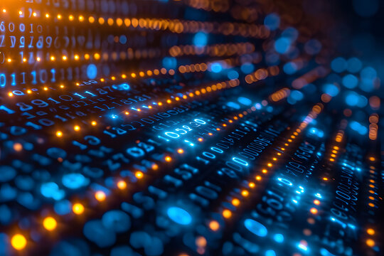 Blue digital binary data on computer screen background