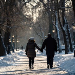 mature couple on a walk in a snow-covered park 
