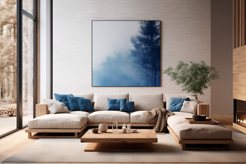 Interior desing of a living room with white, gray and blue tones, minimalist living room. Forest outside. Generative AI