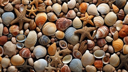 A collection of intricately shaped seashells scattered along a rocky shoreline, each one telling a story of the ocean's journey-Generative Ai - obrazy, fototapety, plakaty