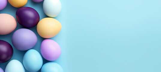 Colorful handcrafted easter eggs on blue backdrop, minimalistic concept with top down perspective