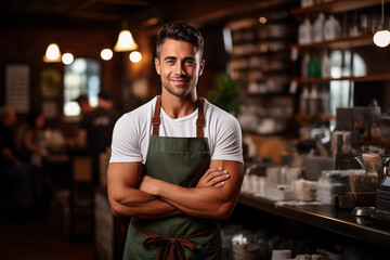 Obraz premium Portrait of a coffee shop worker wearing an apron looking at the camera. Entrepreneur owner of a small coffee shop. Generative AI