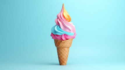 ice cream cone with colorful frosting 3d render on blue background