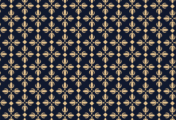 Flower geometric pattern. Seamless vector background. Gold and dark blue ornament. For fabric, wallpaper, packaging. Vector Illustrator.