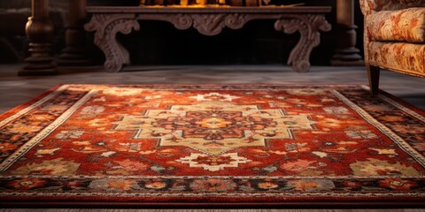 Boho style carpet and rug with ethnic floral damask design and antique traditional pattern. - obrazy, fototapety, plakaty