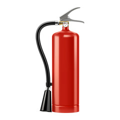 Red fire extinguisher with nozzle isolated on white background. Portable fire extinguishing equipment from fire department. Professional tool or instrument. Realistic 3D vector illustration
