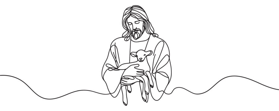 continuous drawing of Jesus Christ with a lamb. one line vector illustration of Jesus Christ with a lamb in his hands.