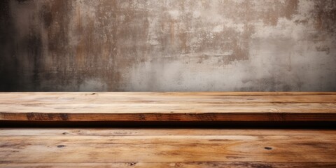 Ready for your product display or montage, the wooden table is empty over a grunge wall.