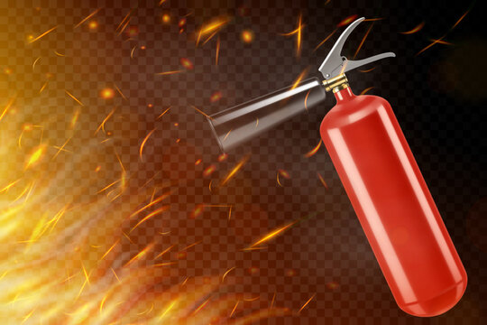?arbon dioxide fire extinguisher isolated on burning background. Portable fire extinguishing equipment from fire department. Professional tool or instrument. Realistic 3D vector illustration
