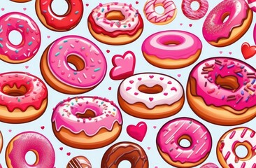 Donuts decorated red, pink icing, sugar sprinkles on white background. Valentine Day concept greeting card. Delicious dessert, pastry and bakery element. Cartoon flat style.