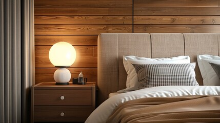 Bedside drawer nightstand and lamp near bed with grey fabric headboard against wood paneling wall. Farmhouse interior design of modern bedroom.