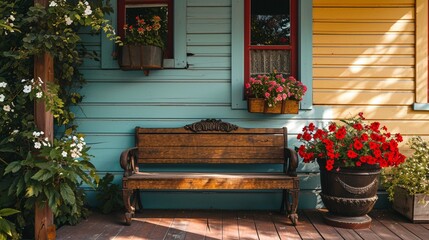 Fototapeta na wymiar Entrance porch decorated with antique bench, big flower pot with