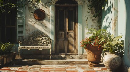 Entrance porch decorated with antique bench, big flower pot with - obrazy, fototapety, plakaty
