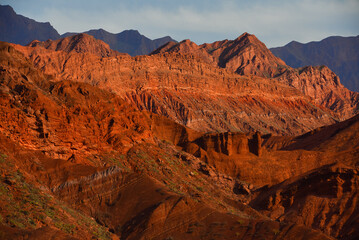 Late afternoon on the rugged mountains of the Quebrada de Cafayate, or Quebrada de las Conchas, Salta Province, northwest Argentina.