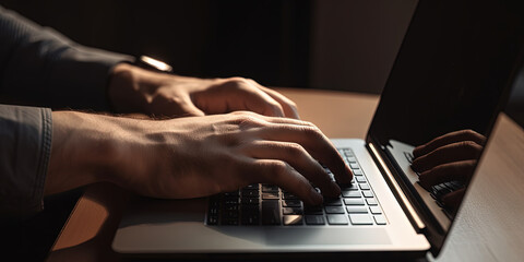 Fototapeta premium Man Working With Laptop, Close Up View Of Typing Text On Keyboard