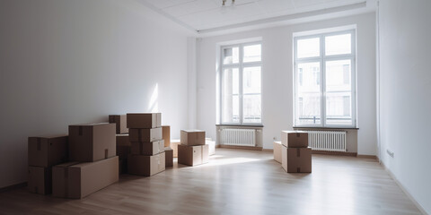 Fototapeta premium Light Living Room Interior With Cardboard Boxes For Moving