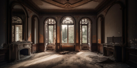 Abandoned Empty Interior With Retro Vintage Decoration, Furniture And Fireplace