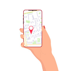 Smartphone in a woman's hand. Map showing the location of the smartphone. Smartphone card Delivery of food and goods. Mobile app. Geolocation. News from the Internet. 