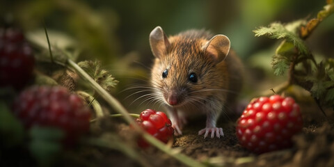 Wild Grey Mouse With Raspberry In The Forest, Close Up View
