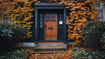 Front door of a home surrounded by leafy trees