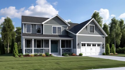 Fototapeta na wymiar Gray New Construction Modern Cottage Home with Hardy Board Siding and Teal Door with Curb Appeal