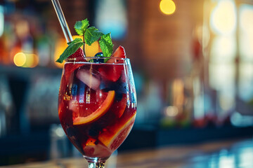 Sangria drink at a bar close-up, popular cocktail - obrazy, fototapety, plakaty