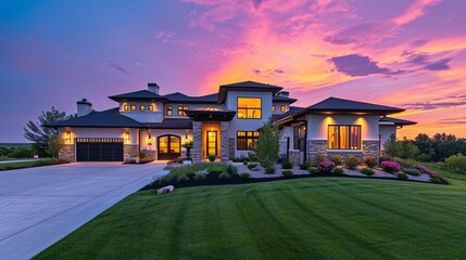Luxury home during twilight golden hour with pink and purple sky and lush landscaping in Nebraska USA