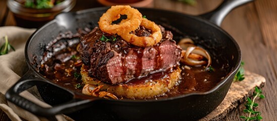Roast beef with onion rings and Swiss rosti, served in a skillet with brown sauce. - obrazy, fototapety, plakaty