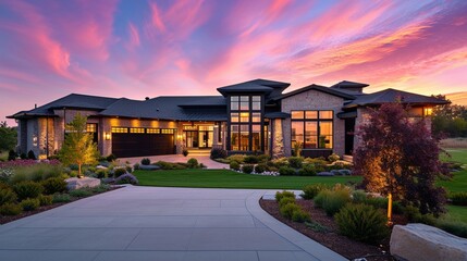 Luxury home during twilight golden hour with pink and purple sky and lush landscaping in Nebraska USA