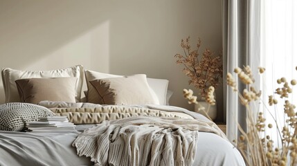 Pastel beige and grey bedding on bed. Minimalist, french country interior design of modern bedroom.